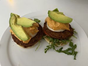 Double Poached “Eggs” - $18, lukewarm, some yellow arugula.  at Homegrown Smoker in Portland