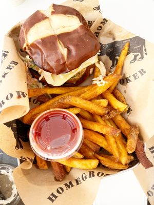 Honey Mustard Chicken Sandwich and fries   at Homegrown Smoker in Portland