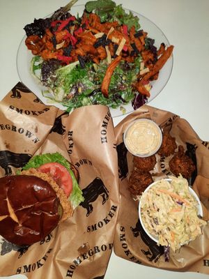 7-9-23 All vegan: Buffalo bleu cheese soy curl salad, chik'n sandwich, cole slaw, hush puppies with remoulade. Everything was delicious. at Homegrown Smoker in Portland