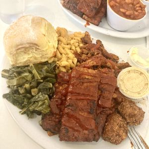 Tempeh ribs, soy curls, mac & cheese, hush puppies & greens  at Homegrown Smoker in Portland