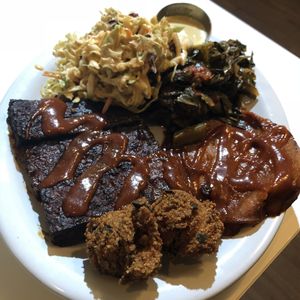 Combo Plate (Tempeh Ribs, H’yam) w/ Chipotle Slaw and Stewed Greens at Homegrown Smoker in Portland