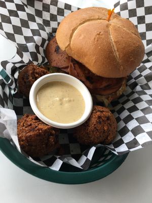 Kahuna Burger H'yam & Hush Puppies at Homegrown Smoker in Portland