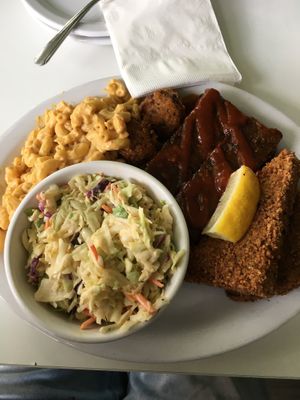 Combo Plate: Ribs, Fish Sticks, Coleslaw, and MacNoCheese at Homegrown Smoker in Portland