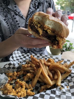 Burger with Mac and cheese  at Homegrown Smoker in Portland