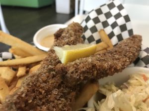 Tofish and chips, coleslaw at Homegrown Smoker in Portland