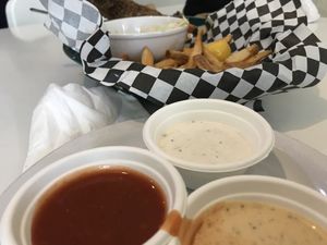 Sauces and dips for tofish and chips at Homegrown Smoker in Portland