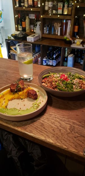 Tempeh appetizer and the Dan Dan noodles at Blackbird in Gothenburg