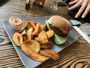 Seitan burger with FRIES AHH THE LOVES OF MY LIFE  at Blackbird in Gothenburg