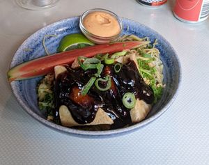 Rice noodle salad with ginger tofu at Blackbird in Gothenburg