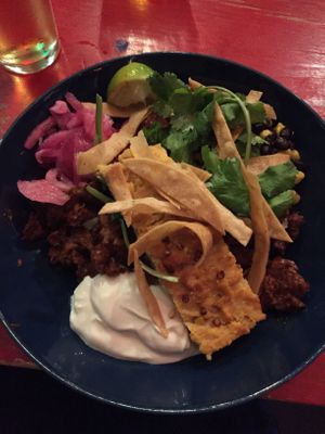 Mexican seitan with cornbread and beans at Blackbird in Gothenburg