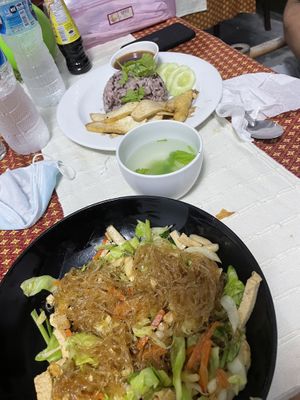 Noodles and red rice with fried tofu (:  at Vegan Khunnay in Koh Samui