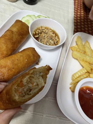Spring rolls and French fries  at Vegan Khunnay in Koh Samui
