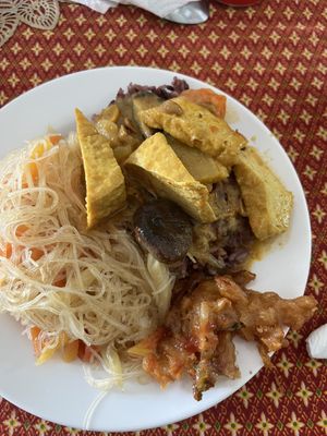 Massaman curry and fried noodles  at Vegan Khunnay in Koh Samui
