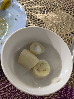 Free dessert after buffet (banana in coconut) at Vegan Khunnay in Koh Samui