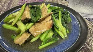 Kale with “fish"  at Vegan Khunnay in Koh Samui