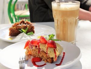 sojalatte vegan cake  at Alcachofra Cafe in Faro