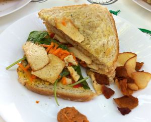 Tofu vegan sandwich with handmade crisps at Alcachofra Cafe in Faro