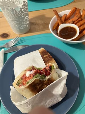 Falafel wrap with sweet potato friess  at Alcachofra Cafe in Faro