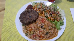 Quinoa burger(awesome!!) salad and rice in tomato yummii at Alcachofra Cafe in Faro