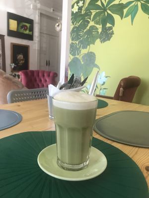 A very tasty matcha latte  at Alcachofra Cafe in Faro