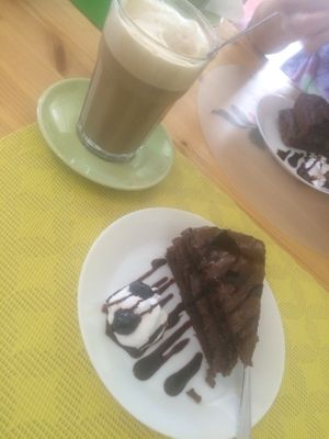 chocolate-coffee-cake + soy latte (galão) at Alcachofra Cafe in Faro