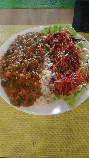 Lentil w/ rice & salad (dish of the day) at Alcachofra Cafe in Faro