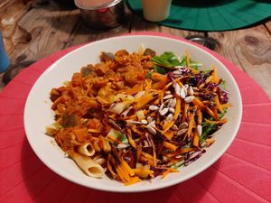 Jackfruit goulash pasta dish at Alcachofra Cafe in Faro