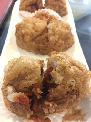 Fried taro dumplings with vegan BBQ meat filling  at Nature's Vegetarian 天然素食馆 - Bangsar Baru in Kuala Lumpur