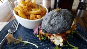 "KFC" fried cauliflower burger and chips at Wholefood Merchants Kitchen in Ferntree Gully