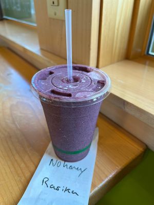 The Ultimate smoothie minus honey. Blueberry, peach, banana, flax, ginger, nutmeg, almond milk)  at Oryana Natural Foods Market in Traverse City