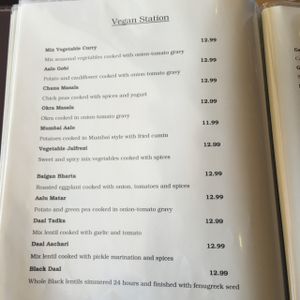 Entire vegan page of menu at Curry Station - Clark Blvd in Sarasota
