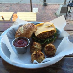 veggie burger and tater tots  at LFK in Portland