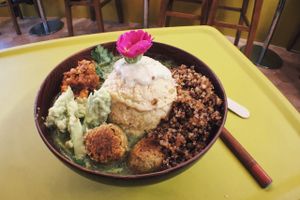 fusion Mediterranean style raw soup with hummus. at Sattbar - 사뜨바 in Seoul