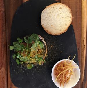 Burger with sweet potato 'fries' at Sattbar - 사뜨바 in Seoul