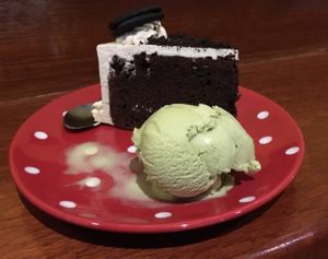 Oreo chocolate cake and green tea ice cream at Vegan's Choice Grocery in Newtown