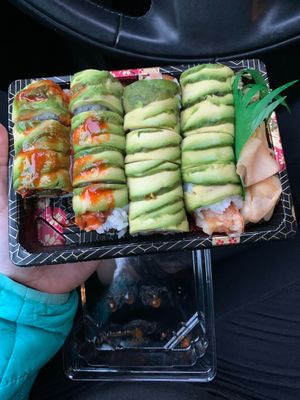 Sweet potato, almond butter, avocado roll on the right. Spicy tempeh on the left. at Heiwa Shokudo in Asheville