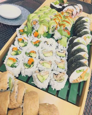 Counter clockwise from bottom: : Alligator Roll, Inari Avocado, Godzilla (almond butter), Spicy Tempeh, Heiwa Futomaki, Sweetie Pie, Special Spicy Veggie at Heiwa Shokudo in Asheville