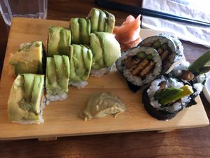 Sweet pie roll & tempeh/mushroom/asparagus roll  at Heiwa Shokudo in Asheville