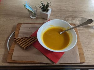 Carrot apple ginger soup at RedBread in Belgrade