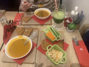 Soup, hummus, greens and the best green juice!   at RedBread in Belgrade