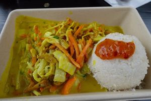Yellow curry with soy chunks at LOFT Carlsplatz in Dusseldorf