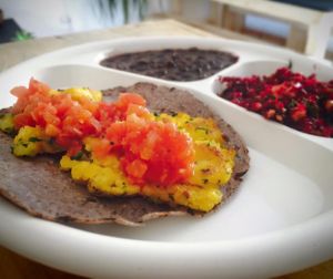 plantain balls with tomato sauce,green tortilla and fresh beetroot salad!  at TulMash in San Cristobal De Las Casas