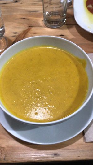 Pumpkin and ginger cream with turmeric and coconut yoghurt at A Factoria Verde in A Coruna