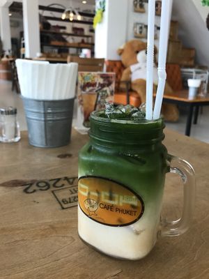 Iced green tea latte at O-OH Farm Karon in Phuket