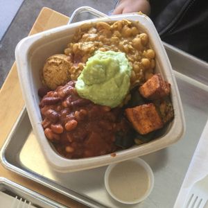 bean chili, chick pea marsala, roasted veggies, falafel, and guac at Plant Wise in Dix Hills