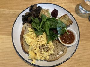 Big breakfast with scrambled eggs (vegan option available with scrambled tofu)  at Wild Thyme Cafe in Bright