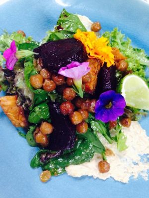 Roasted Sweet Potato and Beetroot Quinoa Salad with WYE's secret housemade dressing at Wild Thyme Cafe in Bright