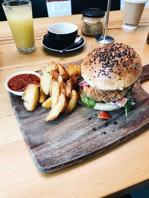 KFV - vegan chicken burger with wedges at Wild Thyme Cafe in Bright