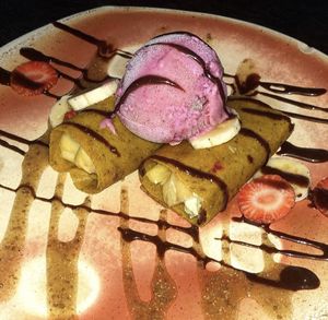 Caramelized banana crepes w/ berry ice cream  at Moksa in Ubud