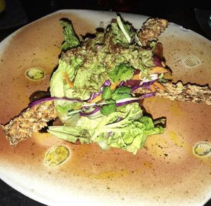 Zucchini hummus w/ raw crackers and eggplant  at Moksa in Ubud